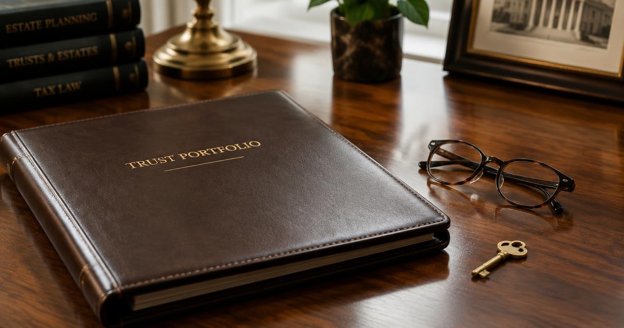 A leather trust portfolio binder, reading glasses, and a brass key on a walnut attorney's desk