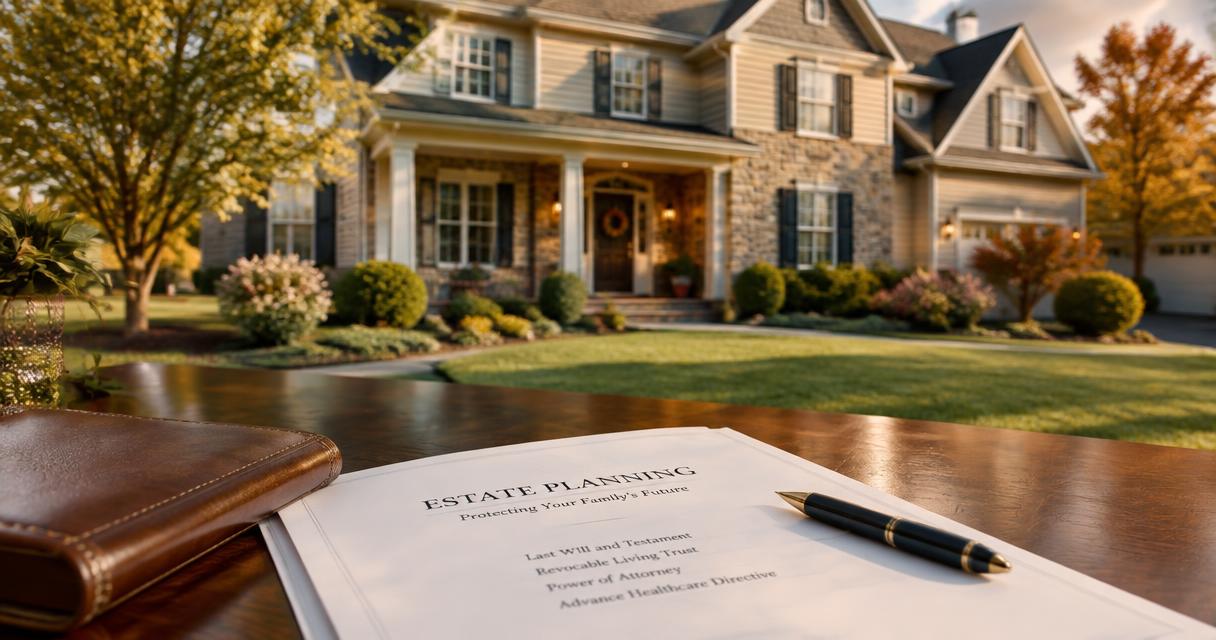 Estate planning documents and a pen on a walnut desk in front of a Mechanicsburg family home