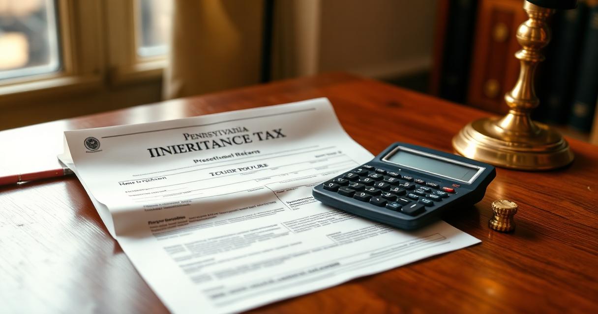 Pennsylvania inheritance tax return paperwork and a calculator on a walnut attorney's desk